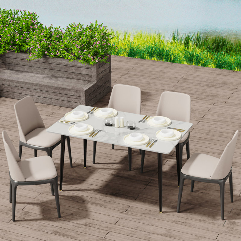 Annagh Stone Top Metal Base Dining Table, Gloss White, 30"H x 47.2" L x 27.5" W
