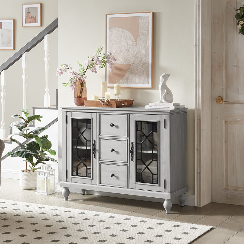 45" 3-Drawer Sideboard Buffet, Mid-Century Door Accent Cabinet, Offwhite