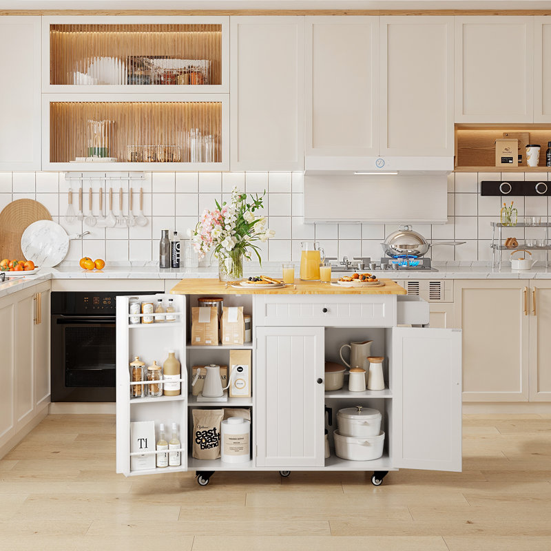 Solid Wood Top Kitchen Island Cart with Drop Leaf,  Locking Wheels, Large Drawers, Storage Cabinet, Towel Rack & External Spice Rack