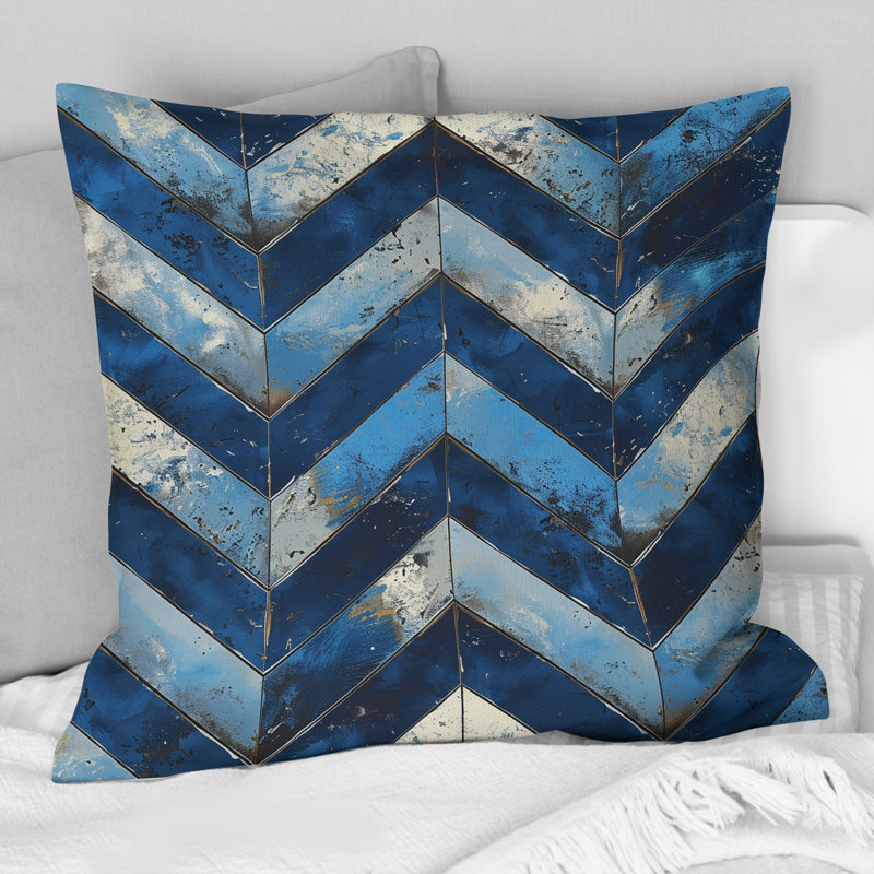 Imprimé à chevrons bleu et blanc I - Coussin décoratif moderne, H 18 po x l 18 po