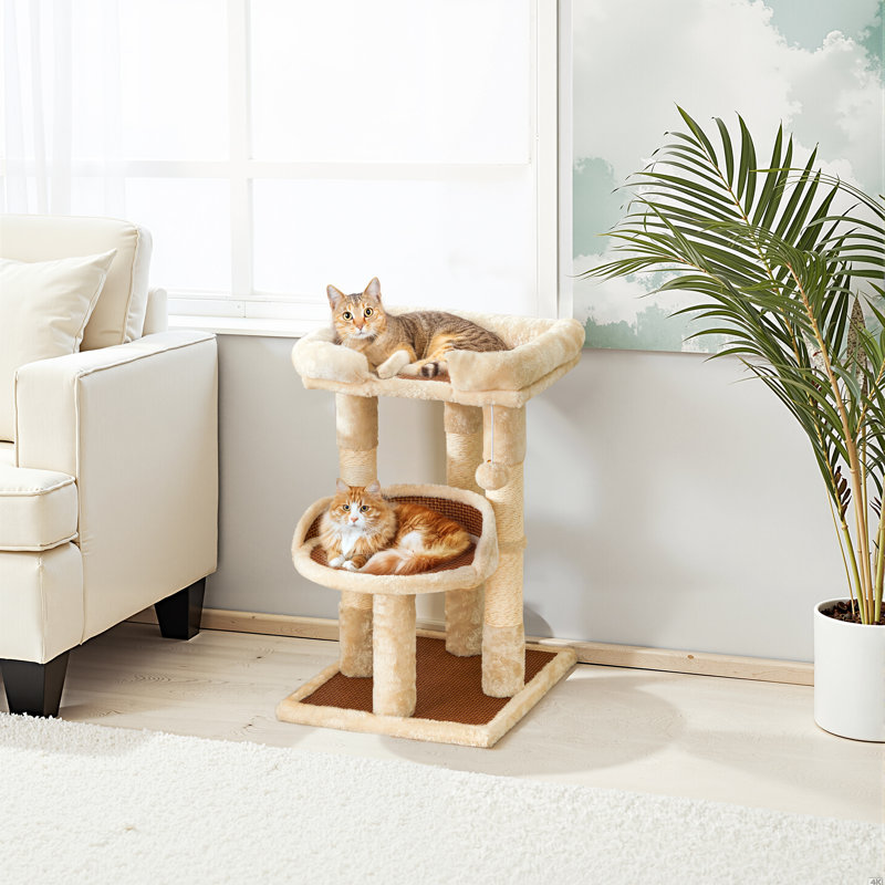 Arbre à chat à plusieurs niveaux avec deux lits et poteaux à griffer, tour pour chat pour grands chats et chatons, 27 po x 19 po x 16 po
