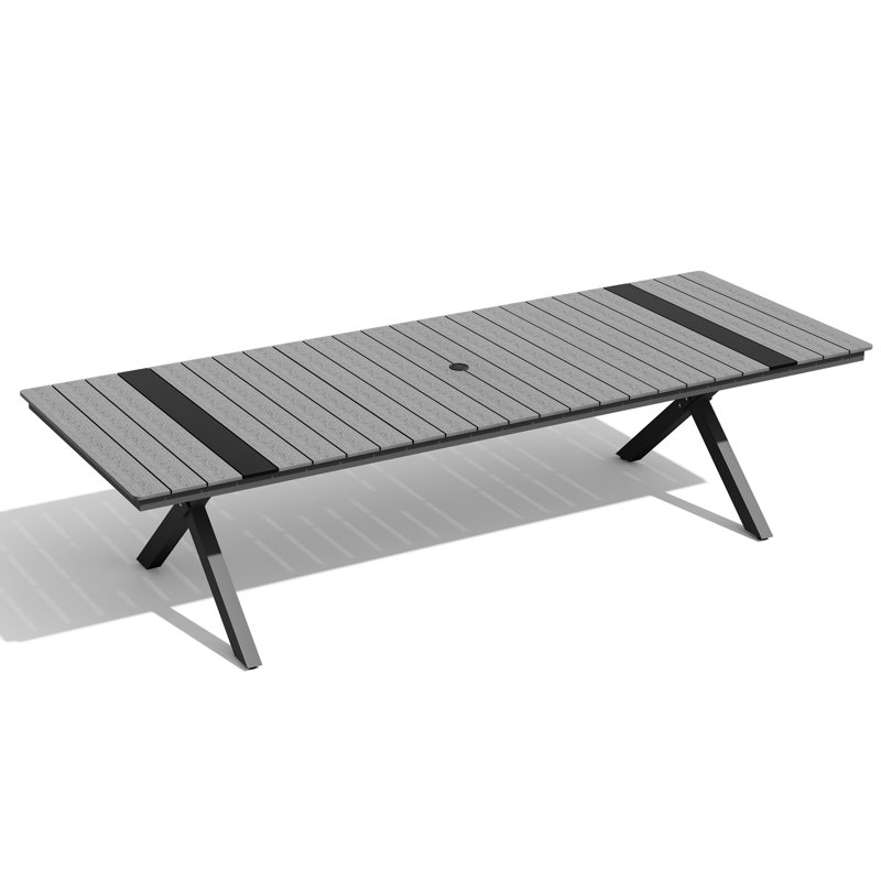 8-12 Person Plastic Desktop & Aluminum Frame Rectangular Outdoor Dining Table with Umbrella Hole, Dark Gray