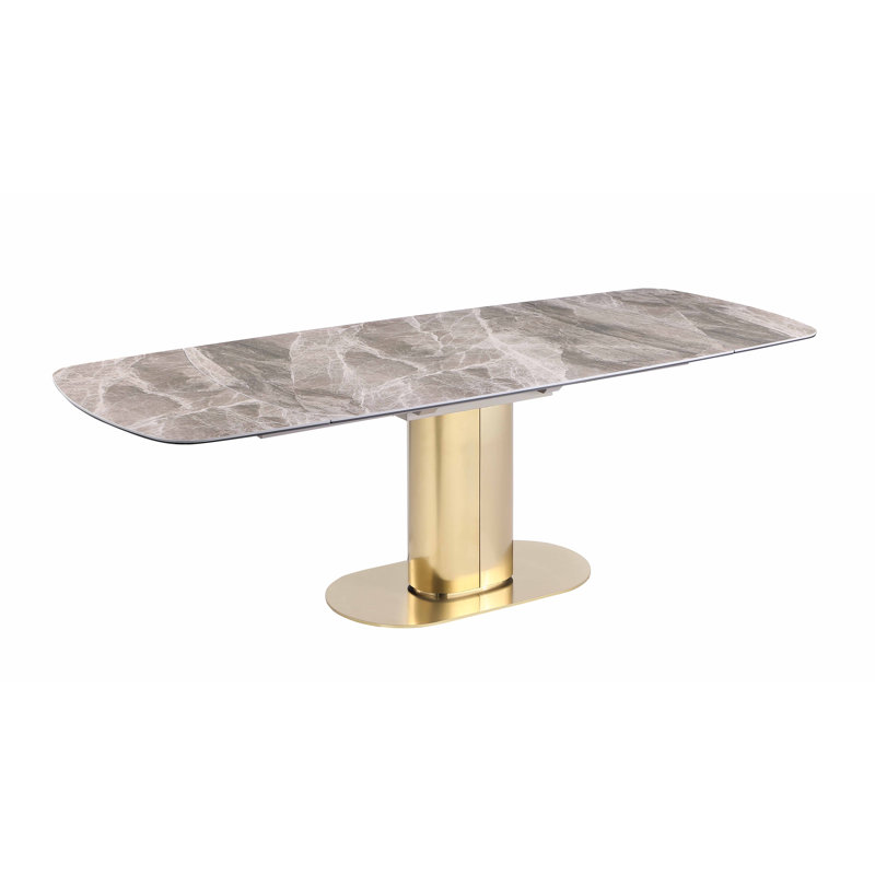Elegant Extendable Faux Marble Dining Table with Brass Pedestal Base