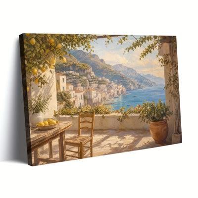 Amalfi Coast Lemon Terrace Print Canvas Wall Art Italian Mediterranean Coastal Village Blue Sea Scenery Vintage Summer Wall Decor for Living Room Dining Room