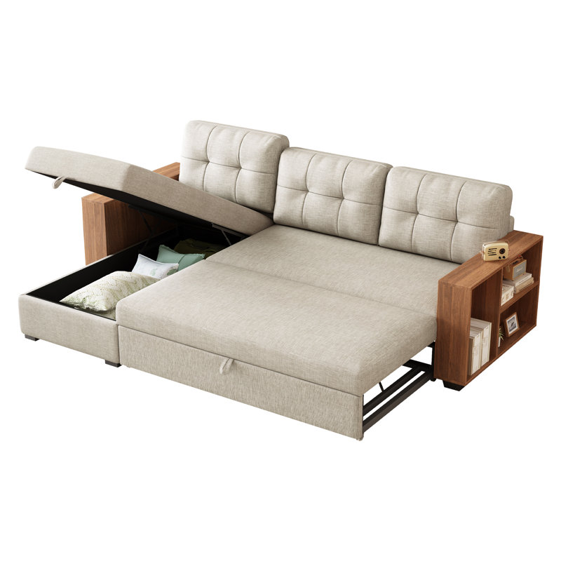 Upholstered Pull Out Sectional Sofa with Storage Chaise, Beige Linen