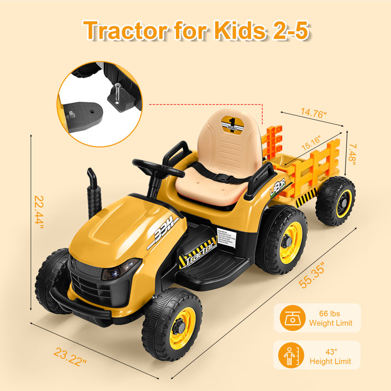12V Yellow Ride-On Tractor with Detachable Trailer