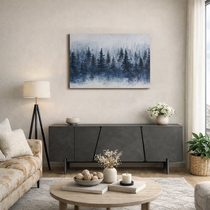Woodland Forest Landscape Navy Blue Pine Tree Forest Landscape Bedroom Artwork Framed Canvas Print Wall Art, Wrapped Canvas