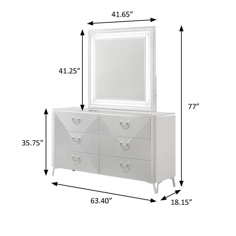 Commode contemporaine l 63,40 po avec miroir, blanc ultrabrillant