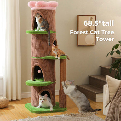 68.5" Tall Forest Cat Tower With 4 Condos, Flower Top Bed & Thick Scratching Post – Large Heavy Duty Tree That Looks Like A Tree