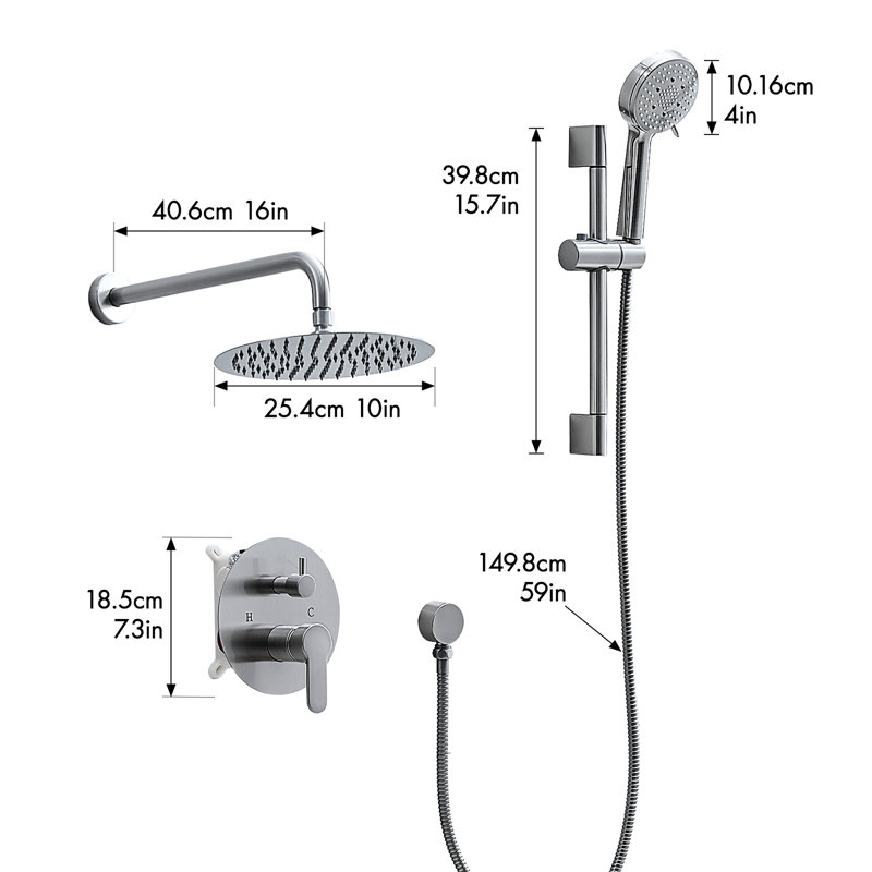 Douchette à 5 jets - Système de 10 pouces avec robinet mural noir mat et barre coulissante pour valve de salle de bain