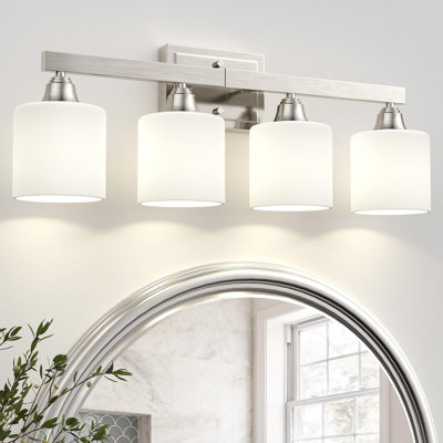 4-Light Bathroom Light Fixtures, Brushed Nickel Bathroom Vanity Light Over Mirror, Modern Vanity Light For Bathroom With Milky White Frosted Glass Shades (Bulbs Excluded)