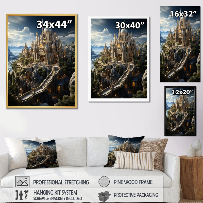 «Enchanted Fortress I», reproduction sur toile, H 44 po x l 34 po, Cadre flottant noir