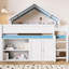 Lit mezzanine double avec auvent et rangement, design pastel doux, tablettes intégrées pour ranger les fournitures, ambiance de chambre à coucher confortable, rangement pour armoires-130155735