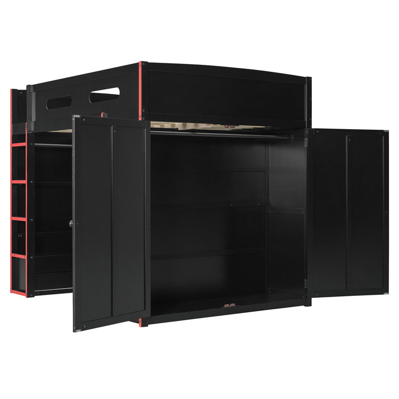 Lit mezzanine double en bois avec bureau, Rouge