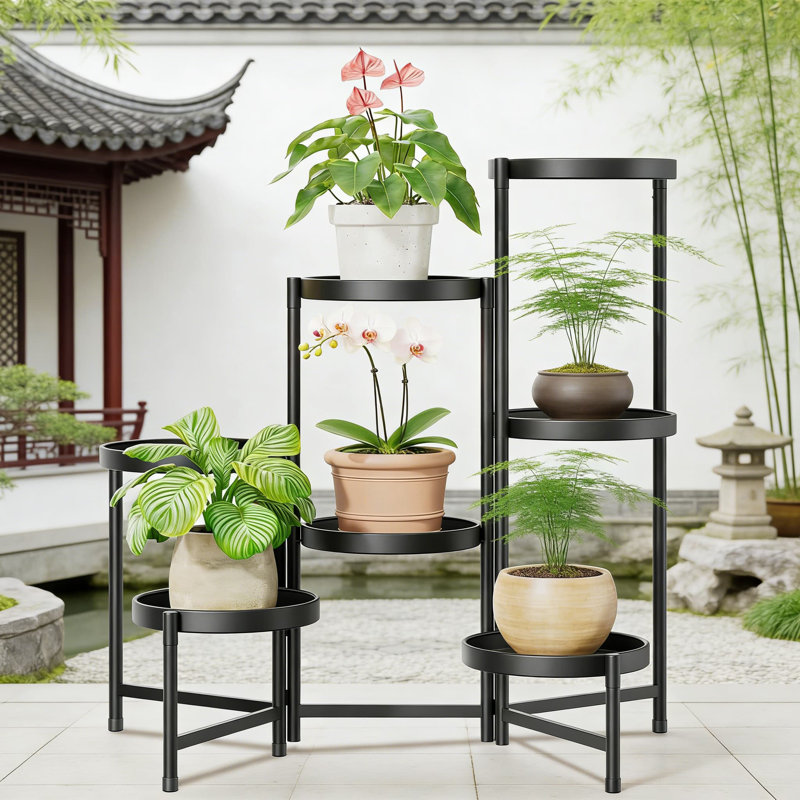 Support pour plante pliable robuste à 7 niveaux avec plateaux réglables antirouille, organisateur vertical robuste pour les grandes plantes d'intérieur en pot et les espaces étroits