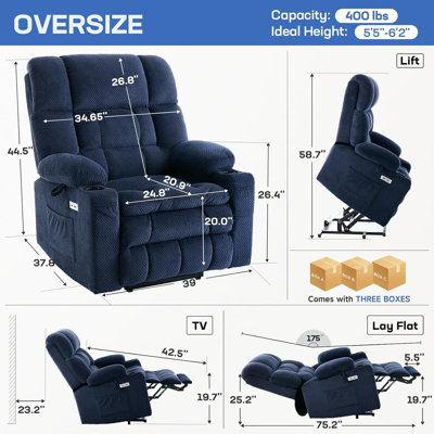 Dual Motor Power Lift Chair Recliner for Elderly with Massage and Heat, Infinite Position Electric Lift Recliner with Adjustable Headrest, USB (T6015 - Plush Fabric, Navy Blue, Oversized)