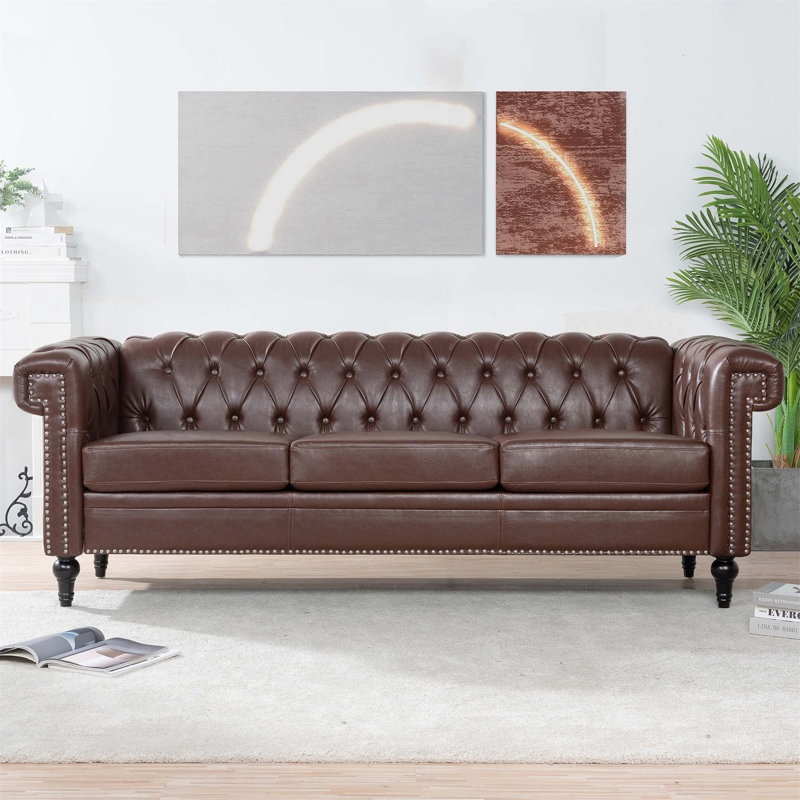 Husani Faux Leather Rolled Arms Chesterfield Sofa, Dark Brown Faux Leather, 3