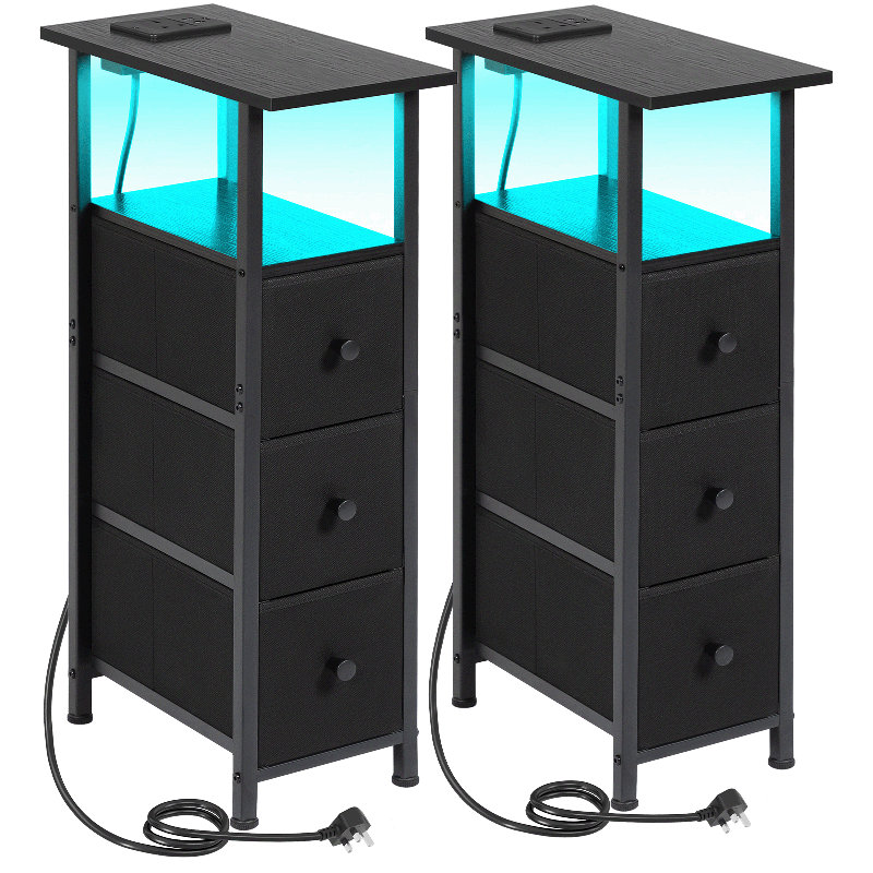 LED Narrow Side Tables, Slim End Table with 3 Fabric Drawer and Charging Station, Black, 2