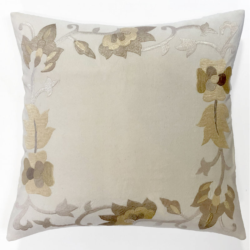 Floral Embroidered Cotton Throw Pillow