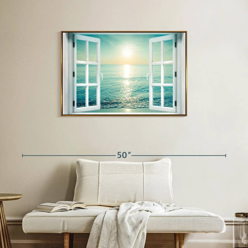 Fenêtre sur le paysage marin, Cadre flottant doré, 37 po x 25 po