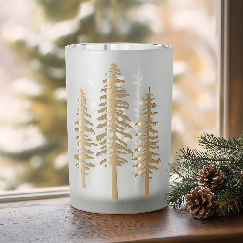  Dureen 7" Evergreen Conifer Frosted Silver Glass Hurricane, 7" H x 4.5" W x 4.5" D
