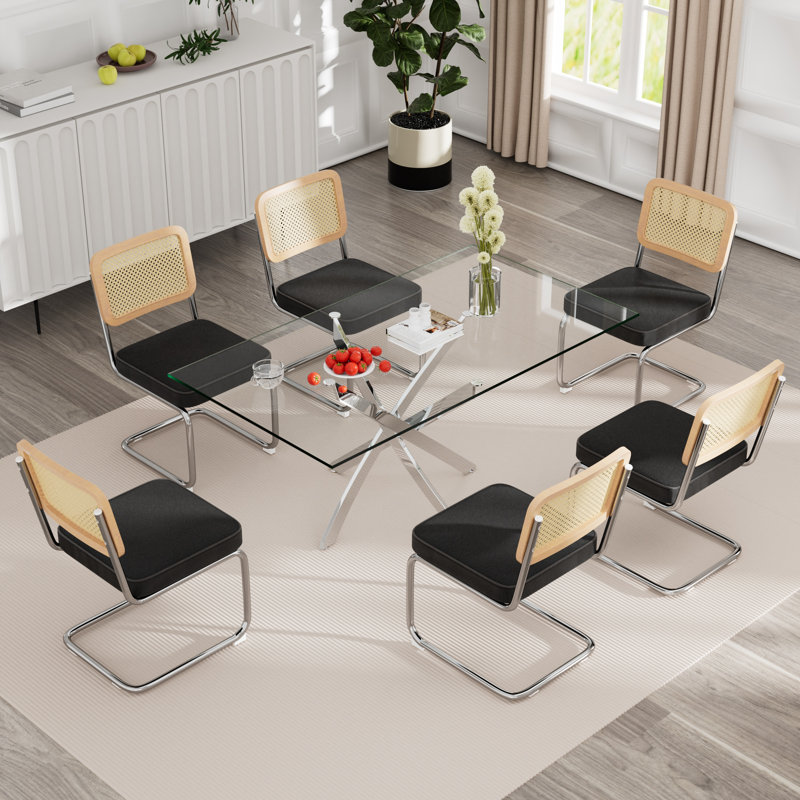 Ensemble de table rectangulaire en verre trempé, Noir / Naturel / Argent, 7