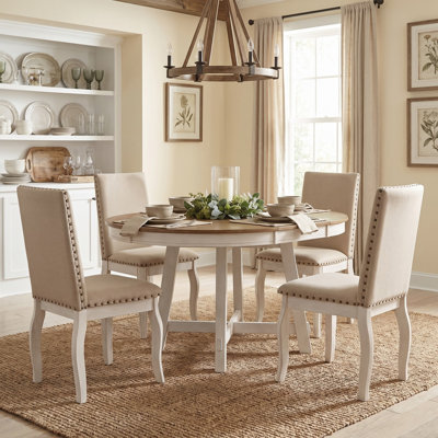 5-Piece Farmhouse Dining Table Set, Solid Wood Dining Set with Round Extendable Table and 4 Upholstered Dining Chairs for Dining Room and Kitchen