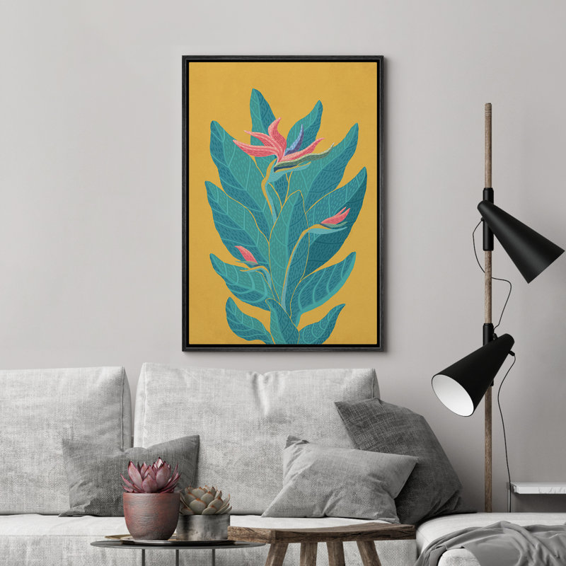 Jaune, bleu sarcelle jaune, oiseau de paradis, élégant, floral, botanique, illustrations, décor moderne, Noir