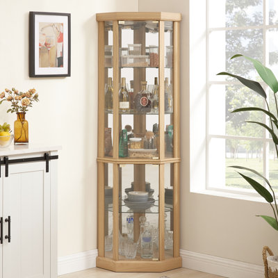 Armoire en verre éclairée pour le salon - Espace abondant, fini chêne avec vue sur le vin et le bar, intérieur spacieux en chêne
