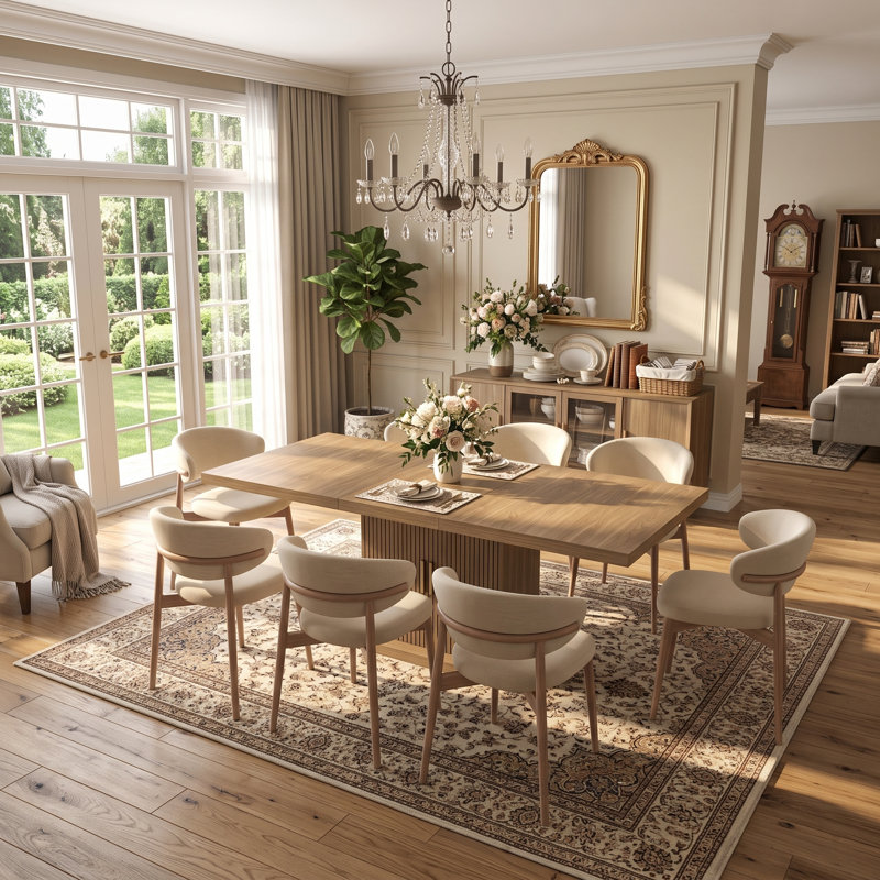 Modern Minimalist Expandable Dining Table with Central Storage Cabinet and Slatted Doors
