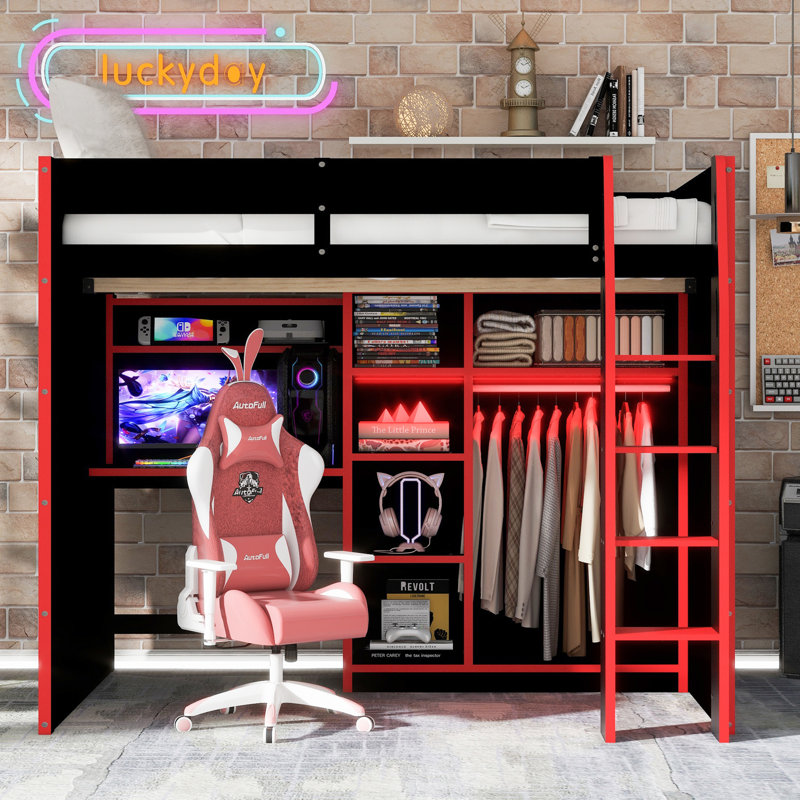 Lit mezzanine en bois avec bureau, Rouge