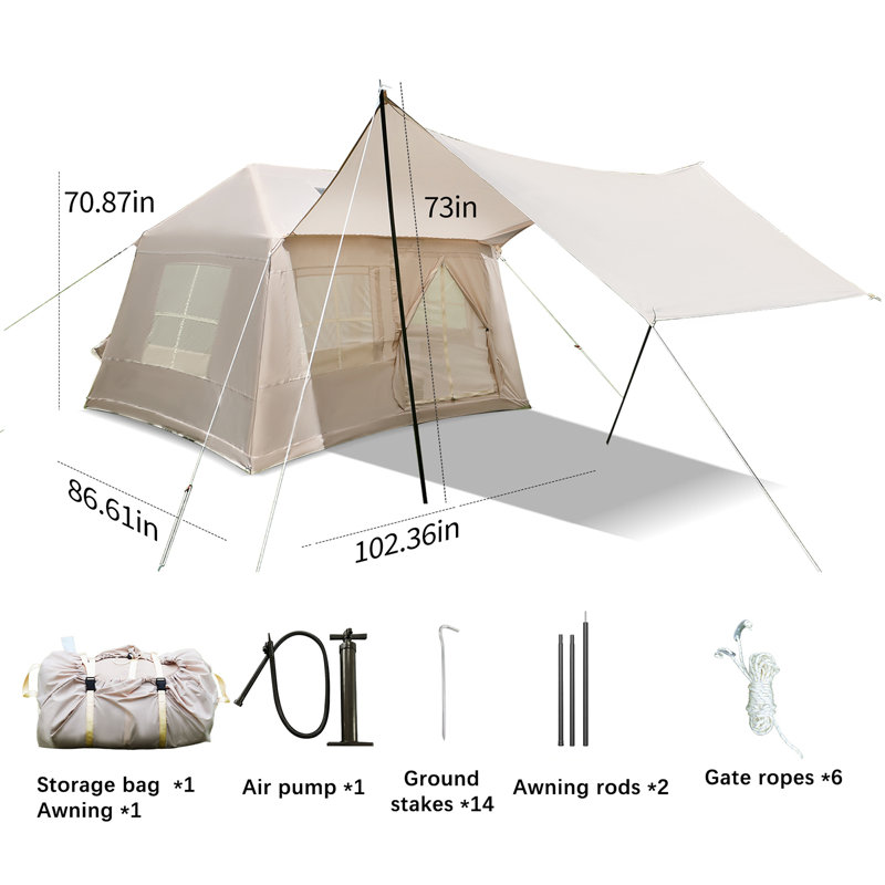 Tente de camping gonflable de 5,72 m² avec cric et fenêtres en maille et pompe