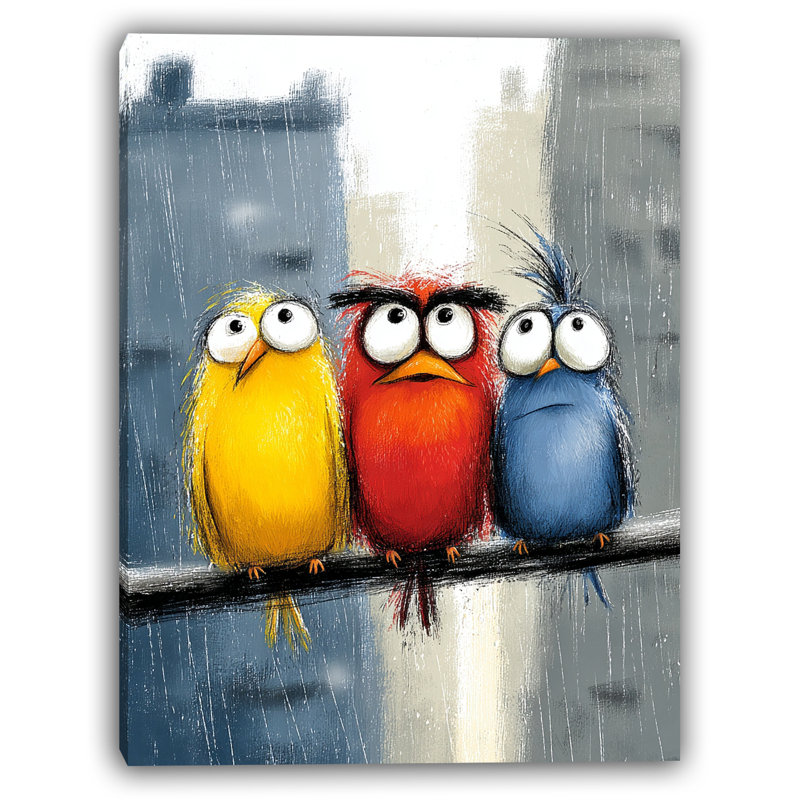 Downtown Feathers - Trio d'oiseaux dans la tempête, H 30 po x l 24 po