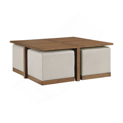 Contemporary Square Cocktail Table Set With 4X Upholstered Stools Brown Finish Wooden Furniture Coffee Table 1Pc
