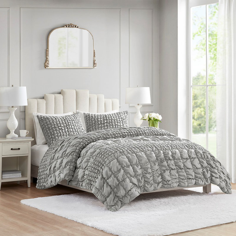 Gracie Mills Hydra 3 Piece Stripe Ruched Comforter Set, King Comforter + 2King Shams, Gray