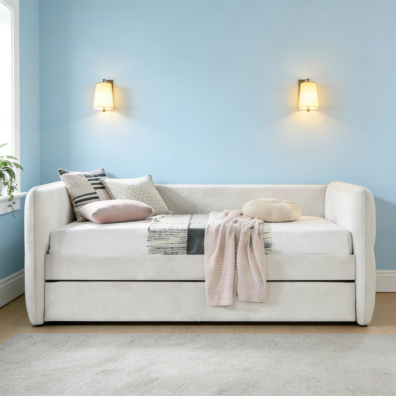 Pull Out Bed, Upholstered Daybed With Pull Out Trundle, Bed Frame With Button Tufted Nailhead Trim, No Box Spring Needed