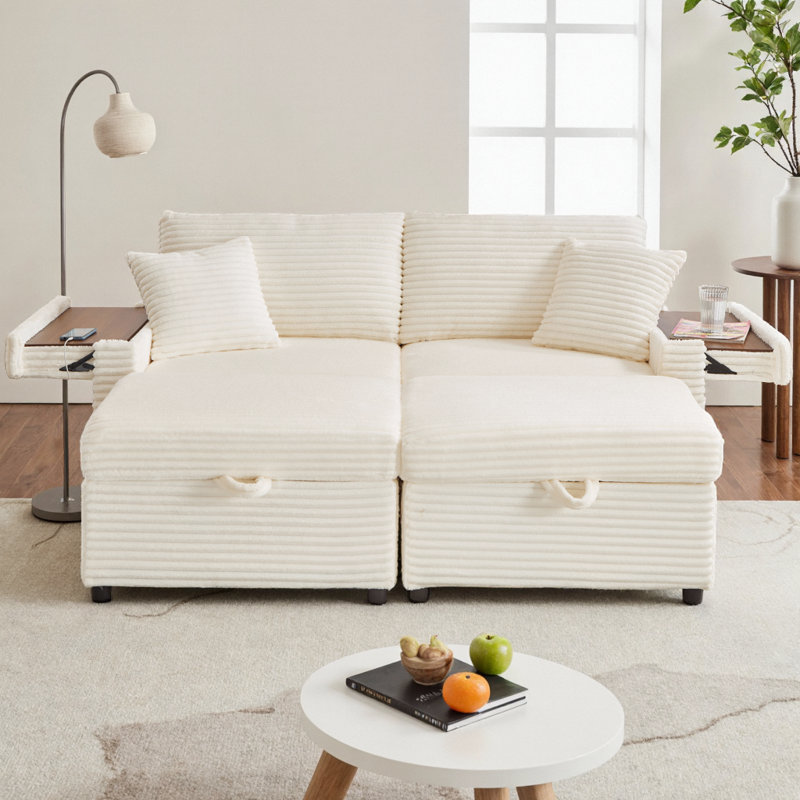 Comfortable Fluffy Corduroy Lazy Big Loveseat Couch, Super Soft Chaise Lounge 2-Seater Sofa with Double Storage Ottomans, Table Board & USB Port for Living Room