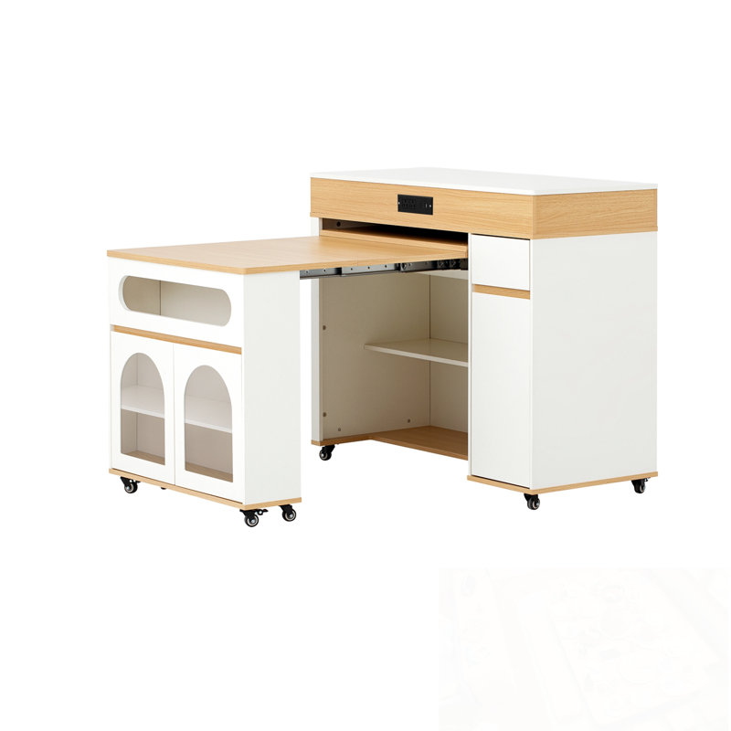 Kitchen Island with Extra-Long Folding Top and 2 glass doors, White