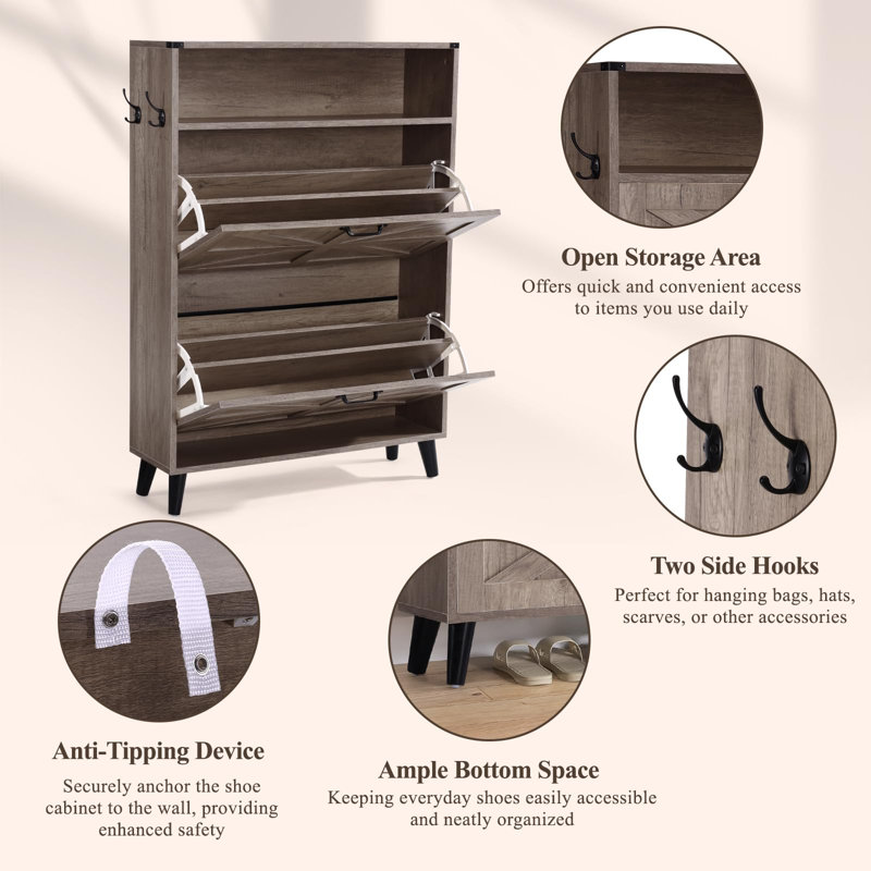 30 Pair Shoe Storage Cabinet With 2 Flip Drawers And Open Shelf, Gray Wood