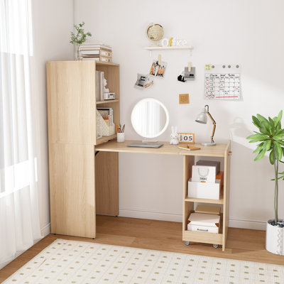 Bureau extensible, bureau avec tablettes de rangement et roues mobiles, bureau pliable adapté aux petits appartements et bureaux, Burlywood