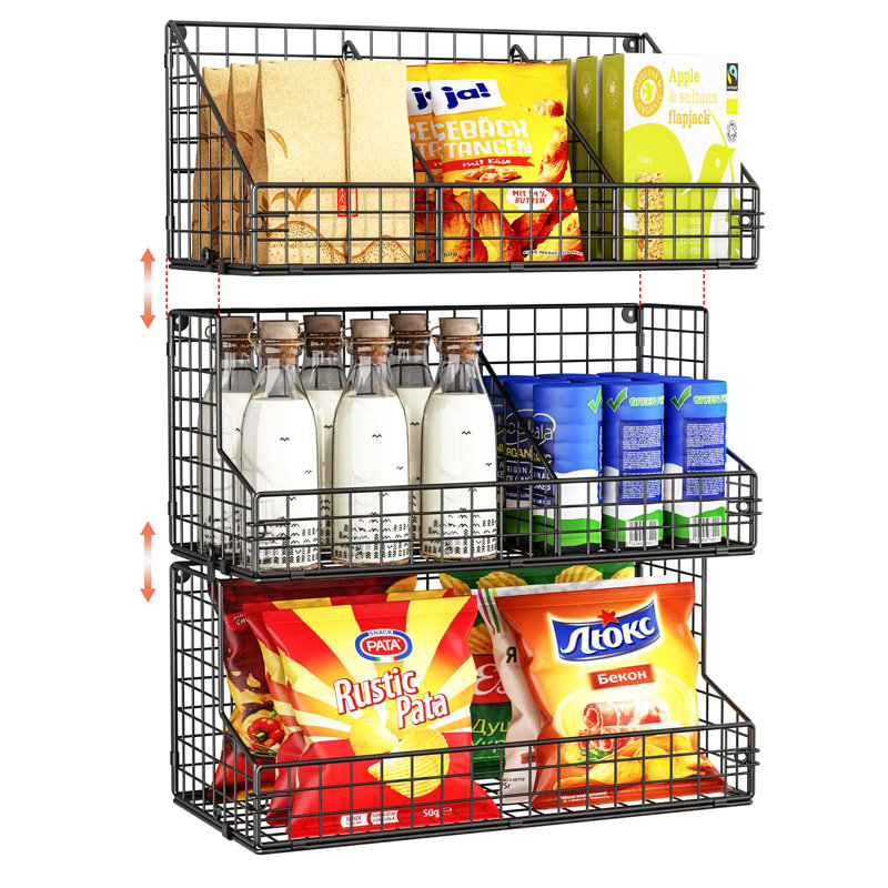 Organisateur de casse-croûte empilable à 3 niveaux - Panier de rangement mural polyvalent en métal avec cloison pour barres à canettes de bonbon - Idéal pour le bureau de garde-manger