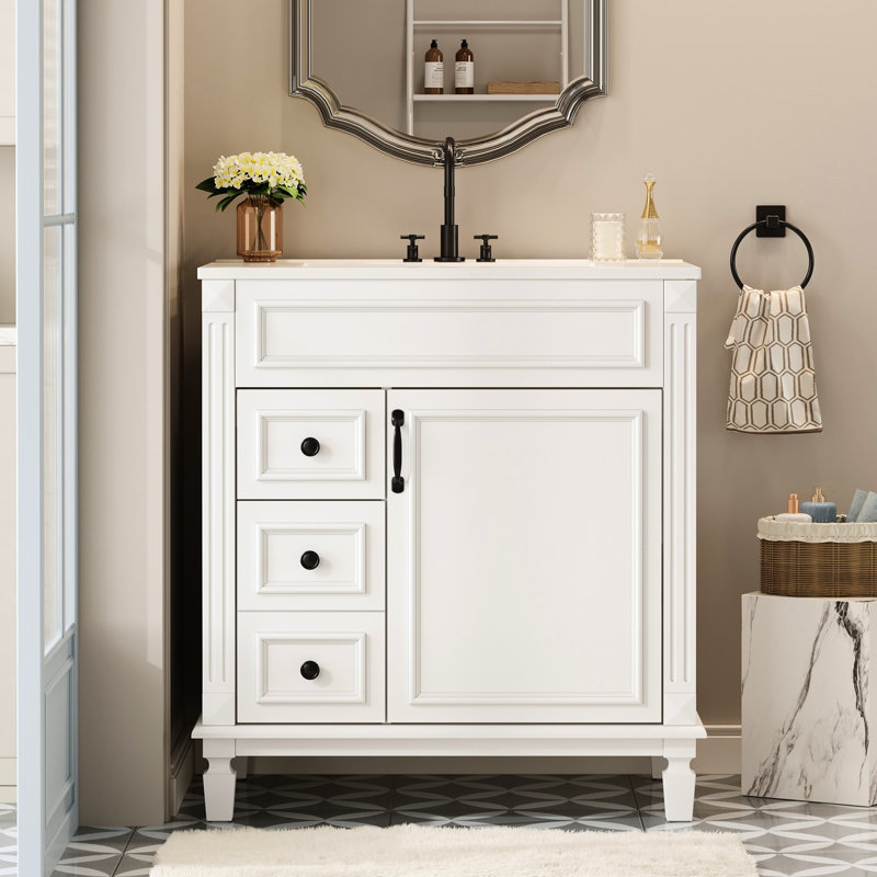 Meuble-lavabo moderne de 30 po avec lavabo en céramique, poignées rétro en forme de bouton et tablette réglable pratique pour les petites salles de bain