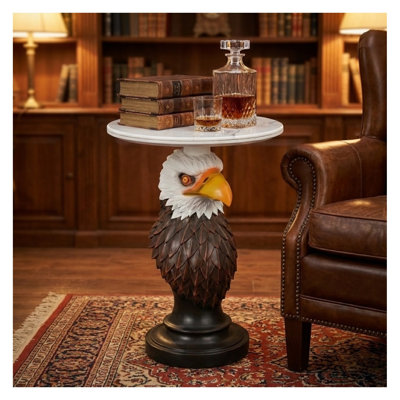 Table d'appoint aigle, salon de la table de bout d'une statue d'animal - conception de tête d'aigle en résine rustique avec plateau en faux marbre, décoration intérieure