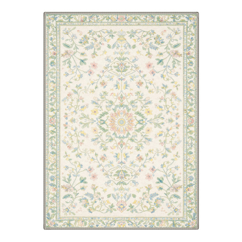 Tapis d'intérieur vert clair / ivoire / jaune lavable à la machine avec envers antidérapant Vilve, Rectangle 6 pi x 9 pi