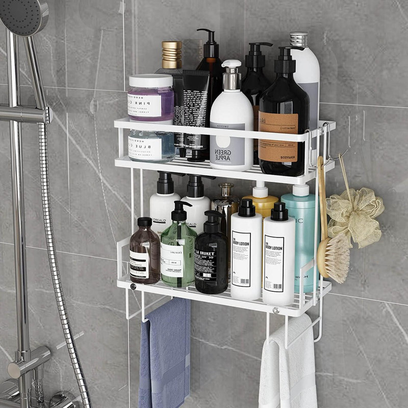 Over-The-Toilet Bathroom Organizer Cabinet, 2-Tier Floating Wall Shelves With Hooks & Paper Holder, White