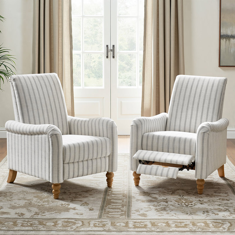 Arathi Manual Push Back Recliner with Solid Wood Spindle Legs, 	Linen Stripe