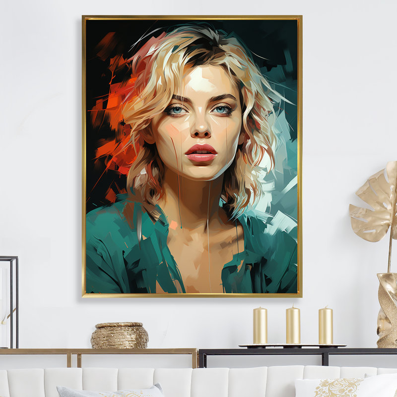 «Green Jade Johansson Portrait I», femme, impressions sur toile_105782, H 40 po x l 30 po x P 1,5 po, Cadre flottant doré