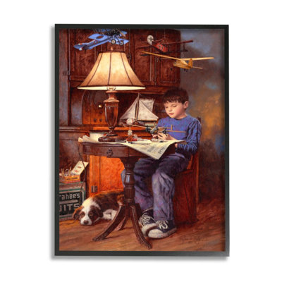 " Boy With Model Airplanes Pet Dog Blue Brown " by Jim Daly