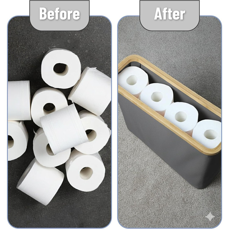 Panier de papier hygiénique gris avec couvercle en bambou - peut contenir 12 rouleaux, organisateur de salle de bain en bambou imperméable