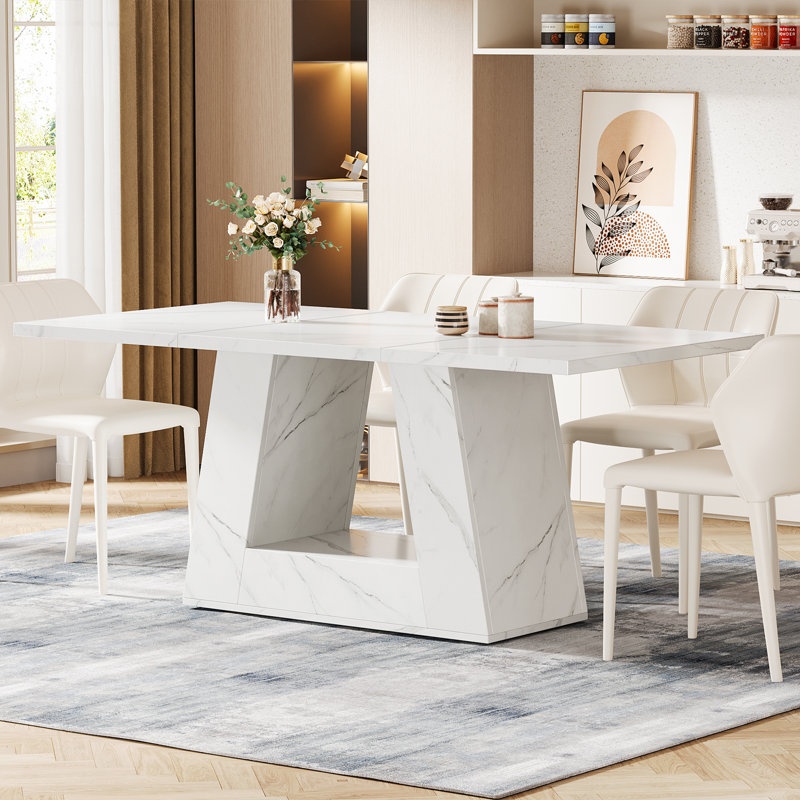 White Faux Marble Rectangular Dining Table with Trapezoidal Base